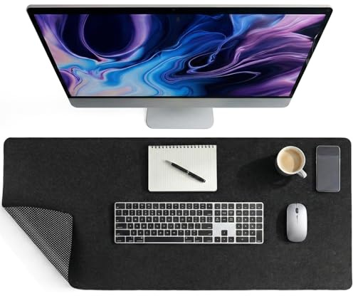 AUYAO Skrivbordsunderlägg av filt 90 x 40 cm halkfri skrivbordsmatta stor musmatta lämplig för kontor och hemmakontor(svart och grå)