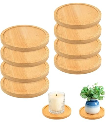 Lot 8 Dessous Verre Bois Rond 9.5cm Naturel Bougie Décoration Table | Sous tasse antidérapante, protection thermique, soucoupe pot fleur, bapteme élégante, plateau service protegée
