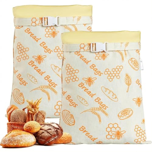 2PCS Beeswax Bread Bags, Reusable Bread Bags for Homemade Bread, Extra Large Cotton Linen Bread Storage Bag with Natural Beeswax Lining for Sourdough & Artisan Loaves, Bakery Essentials (E)