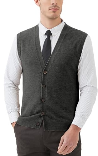 Kallspin Chalecos de Mezcla de Lana para Hombre Cuello en V Chaleco de Punto Cárdigan sin Mangas con Botones(Gris Carbón,XXL)