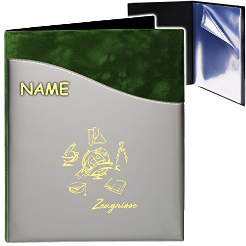 alles-meine.de GmbH A4 - Zeugnismappe/Dokumentenmappe - Zeugnisse Globus & Erde - 3D Metallic & Kunst-Leder Effekt - grün/anthrazit - inkl. Name - GEBUNDEN mit 20 f..