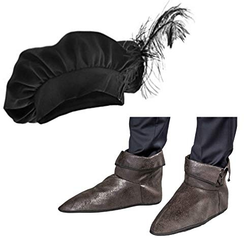 Unbekannt Herren Mittelalter Set Barett und Schuhüberzieher aus Kunstleder OneSize Kostüm-Zubehör