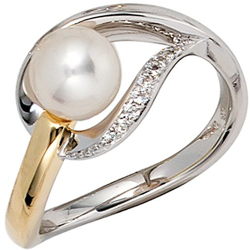 Jobo Damen-Ring aus 14 Karat 585 Gold Bicolor mit Perle und 9 Diamanten