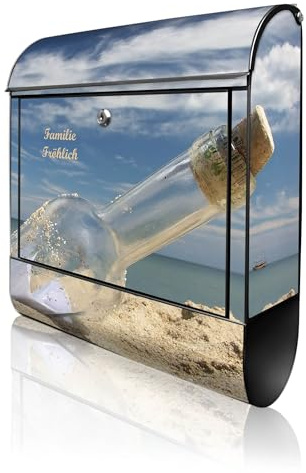 banjado Design Briefkasten personalisiert 38,5x46,5x13cm & 2 Schlüssel - Briefkasten Stahl Schwarz Zeitungsfach pulverbeschichtet - Postkasten A4 Einwurf inkl. Montagematerial - Motiv Flaschenpost