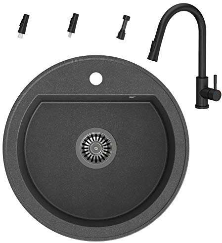 VBChome Évier encastrable Granit 51 cm avec lavabo réversible et siphon et robinet mitigeur monocommande pour cuisine chaud/froid, noir