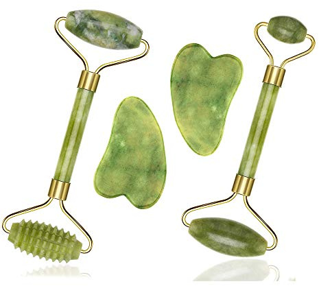 Gua-Sha-Brett mit Jade-Rollen für das Gesicht, gegen Alterung und Falten, 4 Stück
