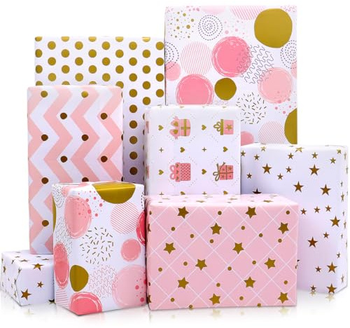 Gift Wrapping Paper, 12 Sheets Pink Gold Birthday Wrapping Paper for Girls Women, Pink and Gold Gift Wrap Paper for Birthday Wedding Bridal Baby Shower Valentines Mother's Day All Occasions, 50x70cm