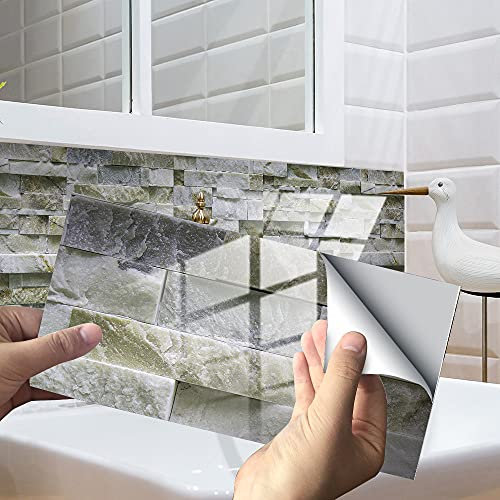 Hiseng Kitchen Bathroom Wall Tile Stickers, 20 * 10cm DIY Rectangle Decals 3D Brick Pattern Sticker for Kitchen Living Room Bathroom Home Decor Self-Adhesive (Jade green,12pcs)