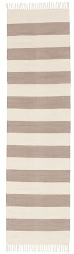 RugVista Cotton Stripe, Teppich, Kelim Modern, 80 x 300 cm, Rechteckig, Mittlerer Stapel, Wohnzimmer, Esszimmer, Schlafzimmer, Küche, Diele, Nur chemische Reinigung, Care & Fair Zertifiziert, Braun