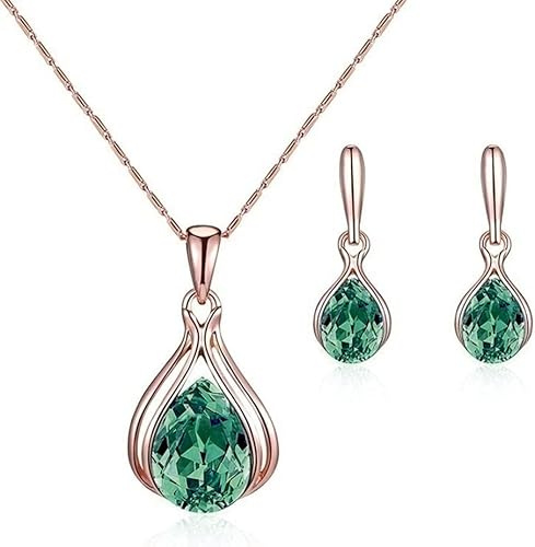 FDEETY Tropfen Kristall Schmuckset Halskette Ohrringe Anhänger Rosegold Elegant Damen Schmuck