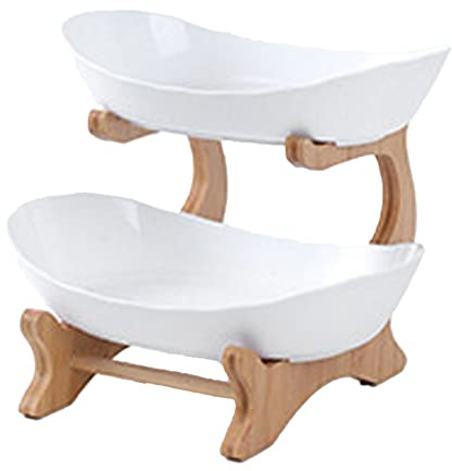 FIYSON Obst Etagere,Obstkorb mit 2 Ebenen, Plastik Obstkorb Etagere mit Natürlichem Bambus Steher, Dekorativer Obst Etagere zum Aufbewahren von Obst, Gemüse, Süssigkeit oder Snacks (Weiß,2 Gitter)