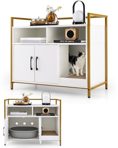 COSTWAY Meuble Litiere Chat en Bois, Meuble Cache Litiere Double Porte 2 en 1, Planche à Griffer Amovible, Cadre en Métal, 1 Passe-Câble, 2 Compartiments, Maison de Toilette Chat, Blanc