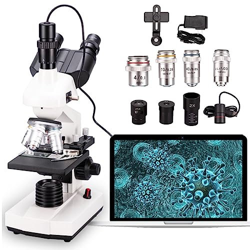40x-5000x Microscopio Trinocular Compuesto, Etapa MecáNica+Ocular ElectróNico De 5 Millones De PíXeles,para Acuicultura/EducacióN/QuíMica/Industria MéDica,White