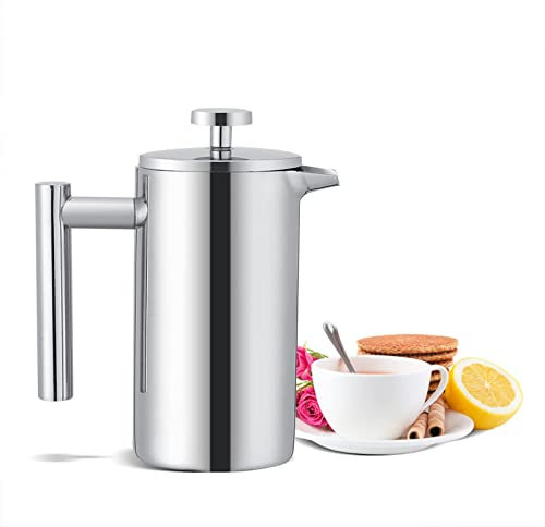 Caffettiera French Press da 350 Ml, Caffettiera French Press a Doppia Parete in Acciaio Inossidabile CafetièRe Tea Coffee Filter Pot Pressa Stantuffo con Filtro