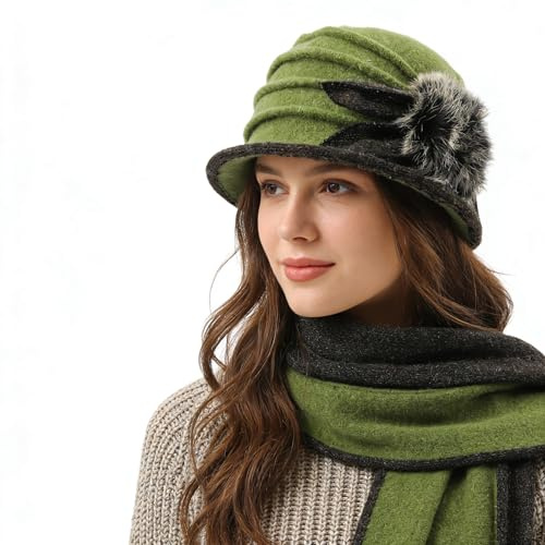 Women Vintage Felt Bucket Hat Winter Wool Dress Beret Hat (C030-Green)