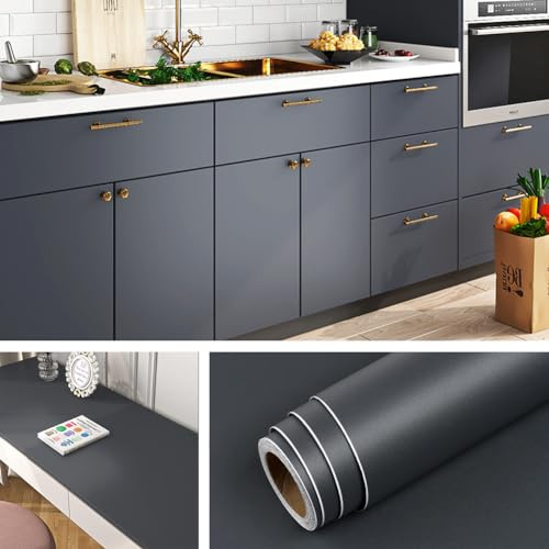 Livelynine 15.8x197 Matte Dark Grey Wallpaper Peel and Stick for Bedroom Kitchen Cabinet Contact Paper Waterproof Self Adhesive Waterproof Vinyl Wrap for Cabinets Desk Covering Counter Top Covers