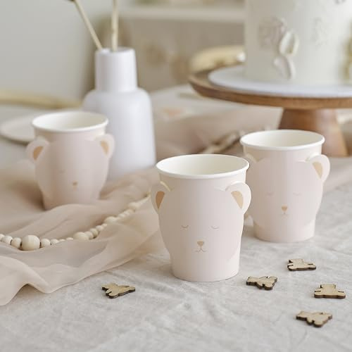 Ginger Ray Weiße Pappbecher mit ausklappbaren Teddybär-Ohren, Babyparty-Geschirr, 8er-Pack