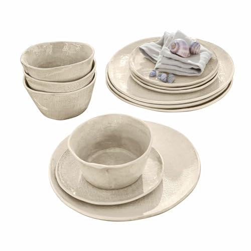 LOBERON Geschirr 12er Set Luganville, handgefertigt, einzigartige Textur, große & kleine Teller, Schüsseln, robust & spülmaschinenfest, Tischaccessoires, Steinzeug, beige