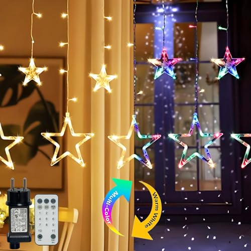 Hopelit Ramadan Lichterkette, 2.3m 12 Sterne 138LED Dimmbar, Lichterketten Vorhang Farbwechsel 11 Modi mit Stecker, Fernbedienung, Timer, Lichterkette Sterne Für Ramadan Tischdeko