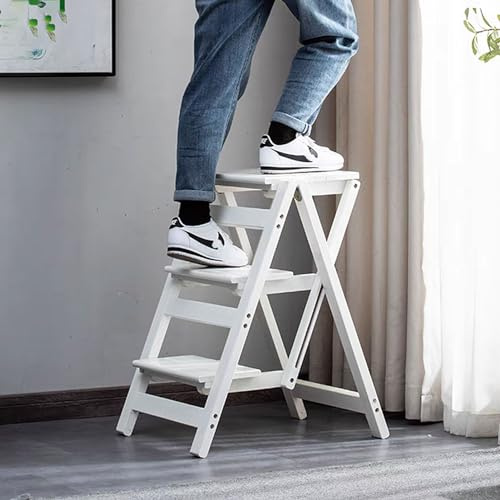 Escabeau Pliant en Bois, escabeau Portable, 3 marches, Chaise Multifonction, bibliothèque, étagère, étagère de Cuisine, Tabouret Haut, Blanc