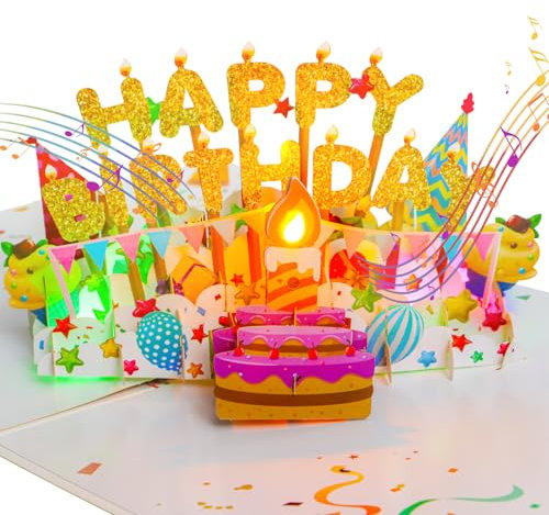 Ulanox Geburtstagskarte mit Musik und LED-Licht, 3D Pop up Happy Birthday Grußkarte mit Kuchen Design, Geburtstagsgeschenk für Frauen, Männer, Mädchen und Junge