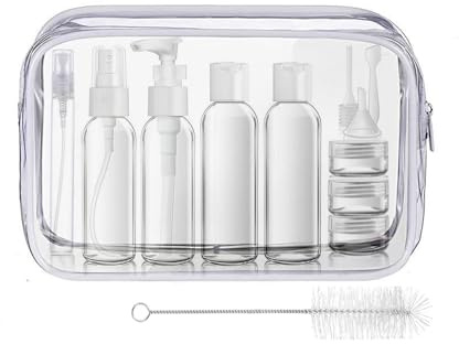 MORICOH Weiß Transparenter Kulturbeutel mit 14Stück Reiseflaschenset(100ml) | Reisenflaschen Set und 1 Stück Flüssigkeitsbeutel (20 x 20 cm),Reise Zubehör, Reiseutensilien