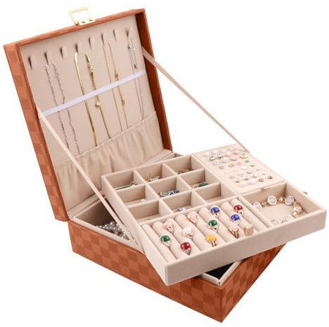 Homeanda Portagioie grande da donna a 2 strati con chiavi, in pelle PU, per anelli, orecchini, collane, bracciali, orologi e forcine (marrone)