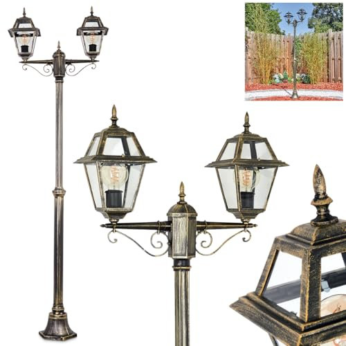 HOFSTEIN Kandelaber Fornelos, Außenwegeleuchte aus Metall/Glas in Schwarz/Gold/Klar, verstellbare Wegeleuchte im Vintage/Antik/Landhaus-Design für Garten, Außenbereich, Hof, Höhe 206 cm, 2 x E27, IP44