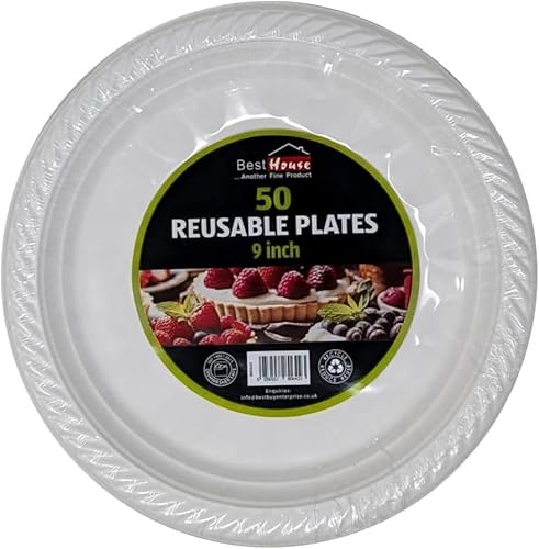 BH | 50 Pcs White Dinner Plates | 9 Inch | Washable & Reusable Heavy Duty Dinnerware for Parties | Microwave Safe Crockery for Birthday Parties, Catering, Camping, BBQ & Everyday Use - By Best House