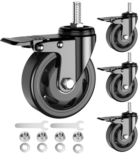 4 inch Stem Casters, Heavy Duty Casters Set of 4, 1/2-13 x 1(Stem Diameter 1/2, Stem Length 1), Locking Threaded Stem Caster Wheels - Load 2000lbs