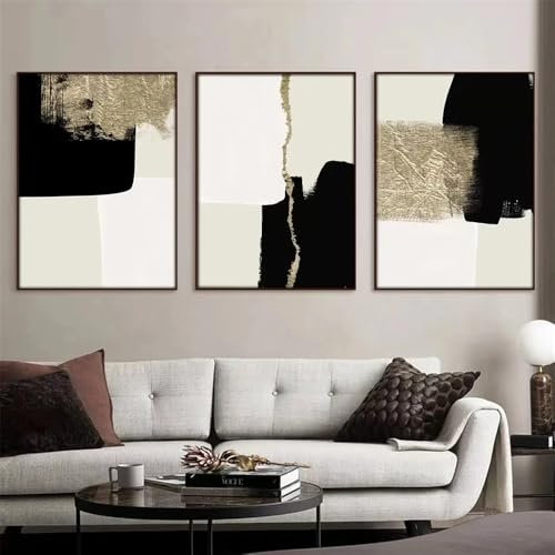 3Er-Set - Abstrakte Beige-Schwarz-Gold-Moderne Minimalistische Poster Kunstdruck Auf Leinwand Gemälde Bild Kunstwerk für Die Heim Dekoration Im Wohnzimmer - 40x50cm/(16x20 Zoll) * 3 ungerahmter Druck
