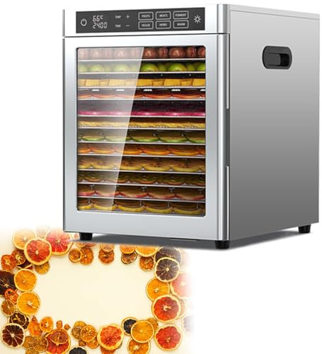 GESAIDES Essiccatore per Alimenti a 12 Ripiani, Essiccatore per Alimenti Commerciale di Grandi Dimensioni a 12 Vassoi, Pannello di Controllo Touch LCD, Essiccatore in Acciaio Inossidabile per Frutta