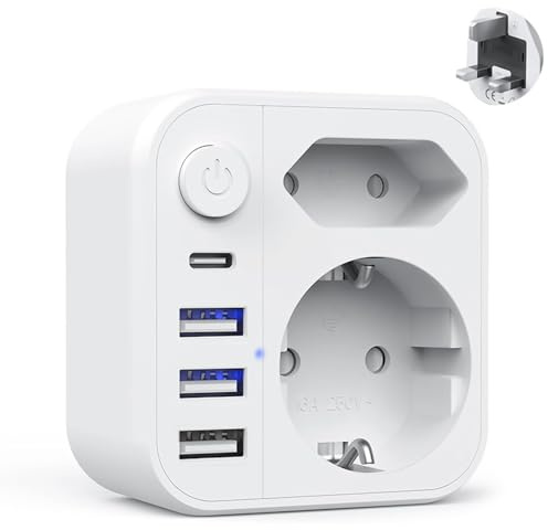 Giantdeer 7 in 1 UK Stecker with 3 USB-A 1 USB C, Typ G Reiseadapter mit Schalter, Adapter England Deutschland Stecker für UK, Hong Kong, Malaysia, Dubai, Malediven