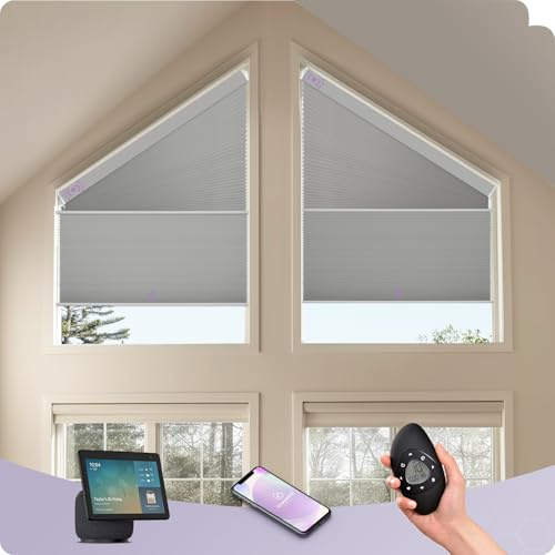 Graywind Smart Angled Cellular Blinds Compatible with Alexa Google, Motorized Right Trapezoid Honeycomb Shades Solar Powered, Customized Electric Pleated for Odd-Shaped Window, Blackout Light Grey