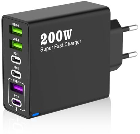 Tomedeks Cargador USB C, 100W 6 Puertos Enchufe USB,PD+QC 3.0, Cargador Carga Rapida para iPhone, Samsung,Xiaomi,Huawei(Negro)