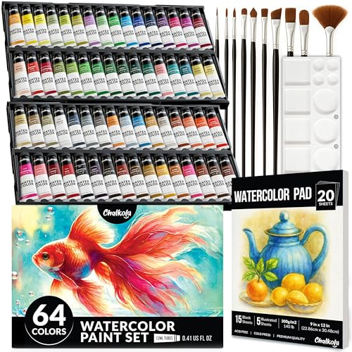 Chalkola Watercolor Paint Set - 64 Water Color Paint Tubes (12ml, 0.4oz), 10 Painting Brushes & 1 Palette, 20 WaterColor Pad | Art Supplies for Adults, Beginner & Professional Artists
