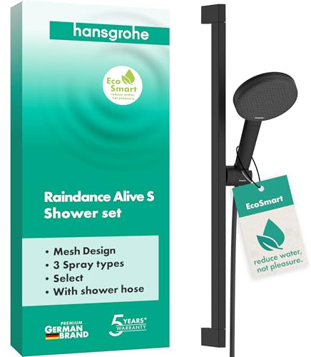 hansgrohe Raindance Alive Select S - Set doccetta per doccia con doccino a risparmio idrico (EcoSmart, 3 getti incl. PowderRain), tubo flessibile (1,60 m) e asta doccia (0,65 m), nero opaco, 24600670