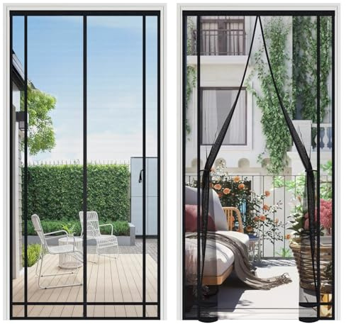 Sekey Fliegengitter Balkontür Magnet Zuschneidbar - Zweiseitig Genähte Schnallenbänder| Ohne Bohren| 4cm Klettband Oben, Insektenschutz Balkontür für Balkon/Terrassen/Schlafzimmer, 110x210cm, Schwarz