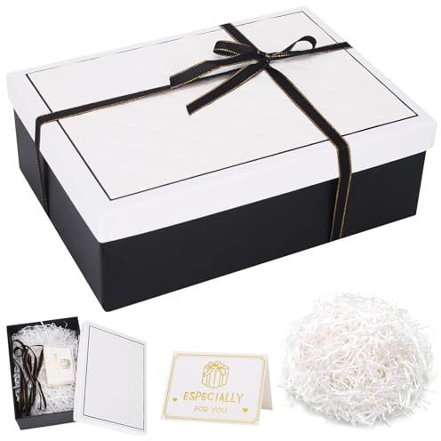 Caja Regalo, 25x18x8,5cm Caja para Regalo Rectangulares Con Lazo Decorativo, Tarjeta y Rafia para Regalos en Cumpleaños, Bodas, San Valentín y Navidad（Cubierta Blanca + Base Negra)