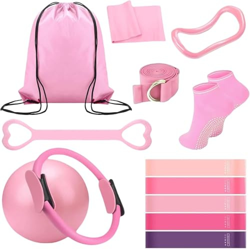 HK Online 13pc PRO ELITE PILATES KIT -PILATES CIRCLE, Yoga Ring & Band, Socks, YOGA EQUIPMENT, BOOTY Bands, BODY TRIMMER, Waist & Ab Shaper, Arms, Chest, Sit Up Puller & Gym Bag (13pc PINK Kit)