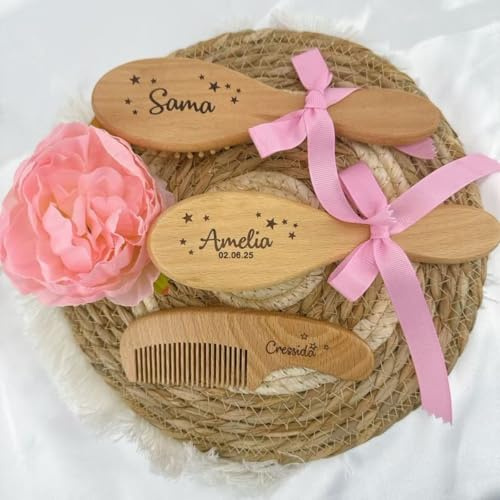 Personalised Baby Hairbrush, Carving Name/Icon Brush and Comb Set, Prevent Cradle Cap Hair Brush, Thoughtful Gifts for Newborn Baby Boy/Girl
