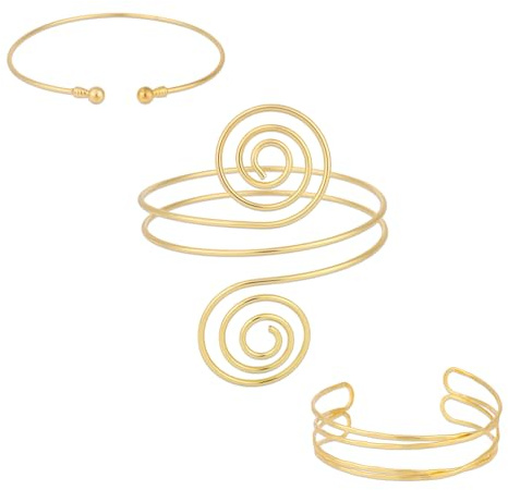 Mikovivi 3pcs Upper Arm Open Cuff Bracelet, 3 Style Adjustable Gold Upper Arm Bracelets Fashionable Coil Swirl Armband Jewelry for Women Summer Beach Bohemian Gift