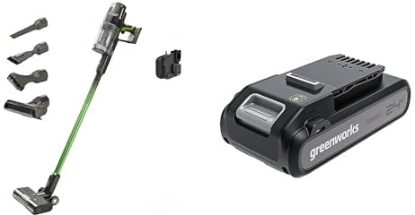 Greenworks Potente Aspirapolvere Senza Filo Deluxe, Fino 45 Minuti, Filtro Hepa, Accessorio per Peli Animali, 3 Livelli di Potenza, Batteria 24V 4Ah, Caricatore con Supporto da Parete, Garanzia 3 Anni