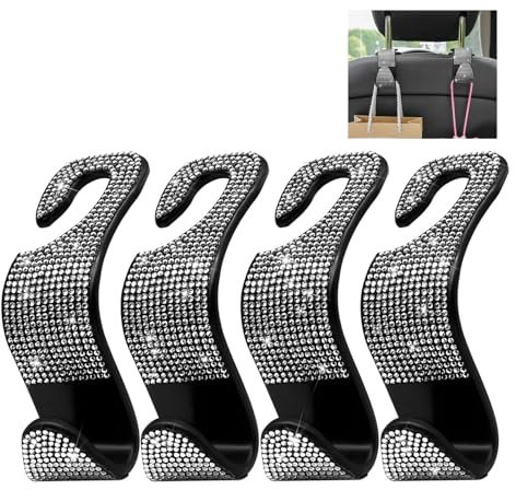 Fleymu 4 Ganchos para Reposacabezas de Coche con Strass - Universal Ganchos para Asiento Trasero, Organizador para Bolsos, Paraguas, Complementos de Almacenamiento para Coche