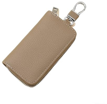 Schlüsseletui Leder Damen und Herren,Multifunktionale Schlüsselmäppchen,Reißverschluss Schlüsseltasche,Geldbeutel mit 5 Schlüsselhaken (Khaki)