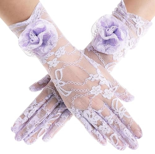BABEYOND Spitze Handschuhe für Damen - Florale Opera Handschuhe Stretch Elegante Accessoires für Tee-Party, Hochzeit, Ball, Abendparty 1920er, Gatsby Stil Violett