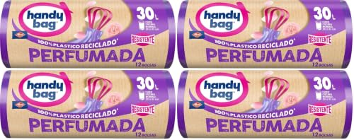 Handy Bag Bolsas de Basura Perfumadas, 100% Reciclado, Extra Resistentes, Antigoteo, Autocierre, 30L, 12 Bolsas, 1 Paquete (Paquete de 4)