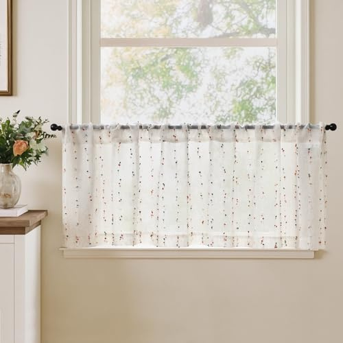 TOPICK Skivgardiner uppsättning av 1 bistrogardiner med prickar linne lantlig stil boho kort gardin halvtransparent, H 40 x B 150 (cm) linneutseende gardiner med dragsko köksgardin vardagsrum röd