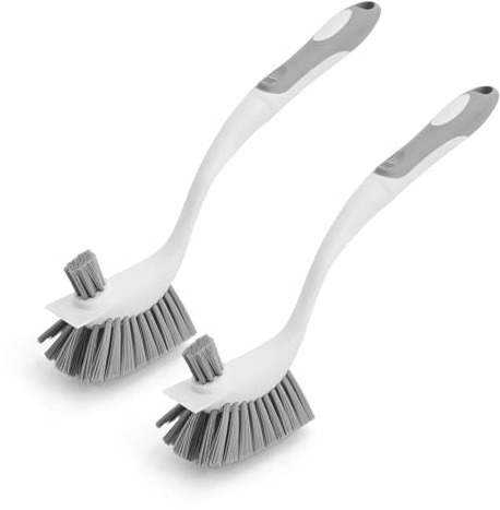 Eyliden Paquete de 2 cepillos para platos con asa, cepillos de lavado de doble cara con raspador integrado para platos, fregaderos, sartenes, ollas