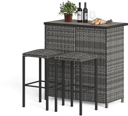 GarveeHome 3-TLG. Polyrattan Garten-Barset mit Bartisch und 2 Barhockern | Polyrattan, Stahlrahmen, Bartisch, Balkon, Terrasse, Garten